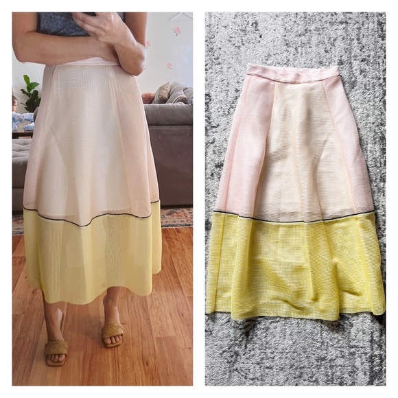 MAJE puff midi scuba colorblock high rise skirt yellow pink - Picture 1 of 6